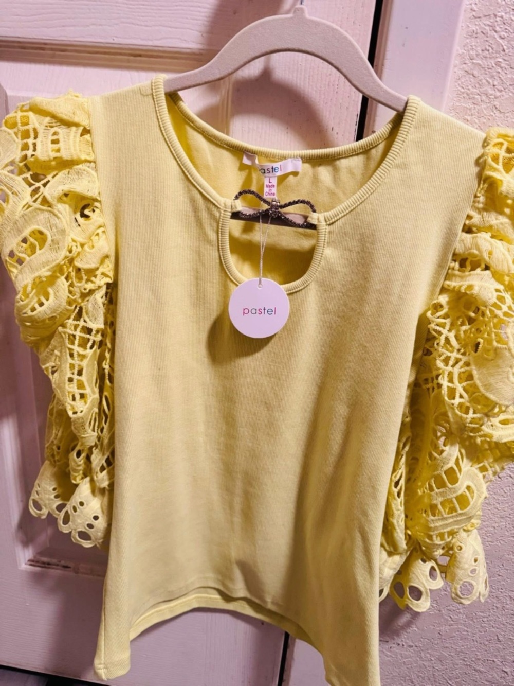 Pastels Pale Yellow Lace Puff Sleeve Top